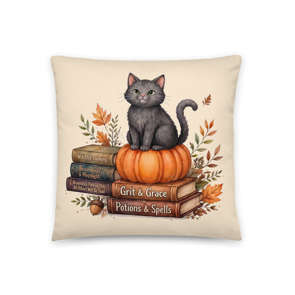 "Witchful Thinking" Bookstack Cat Pillow
