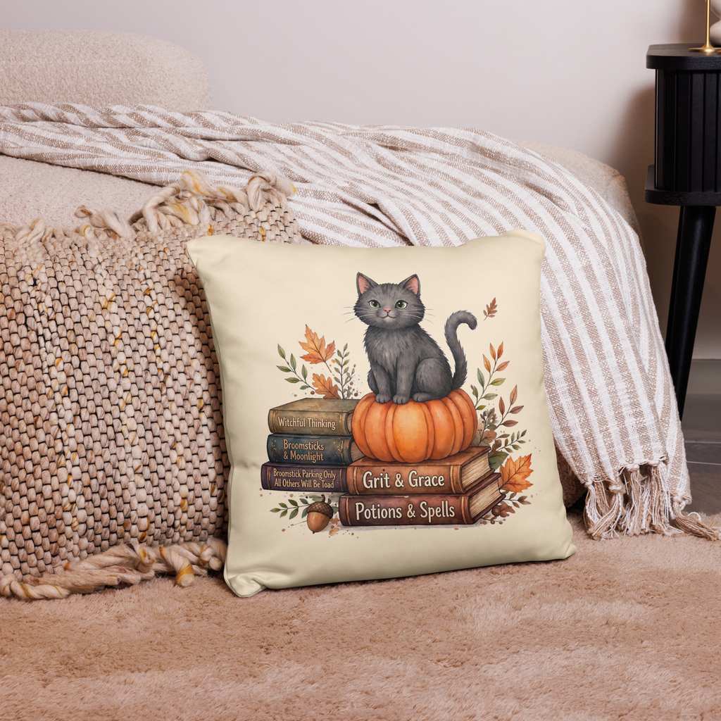 "Witchful Thinking" Bookstack Cat Pillow