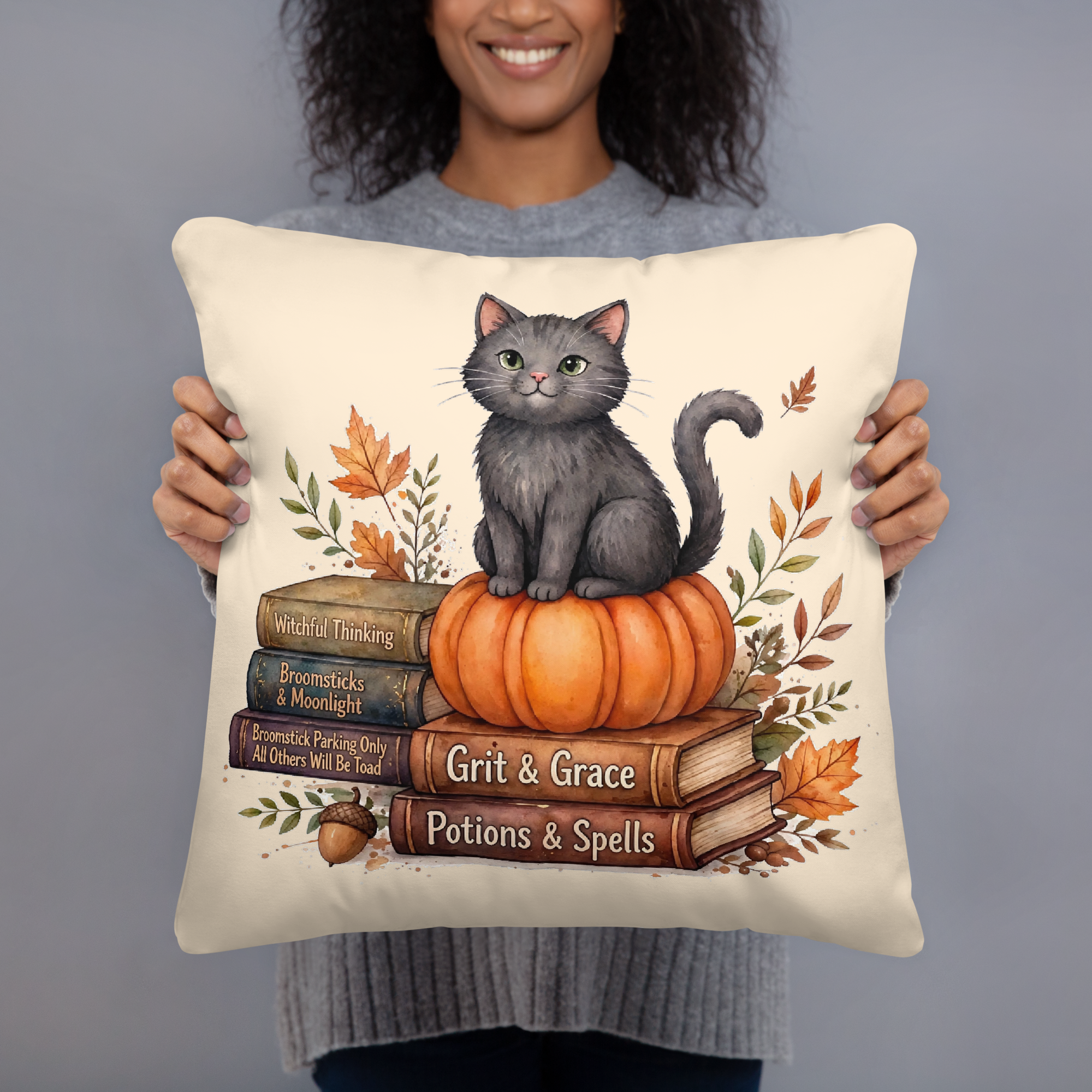 "Witchful Thinking" Bookstack Cat Pillow