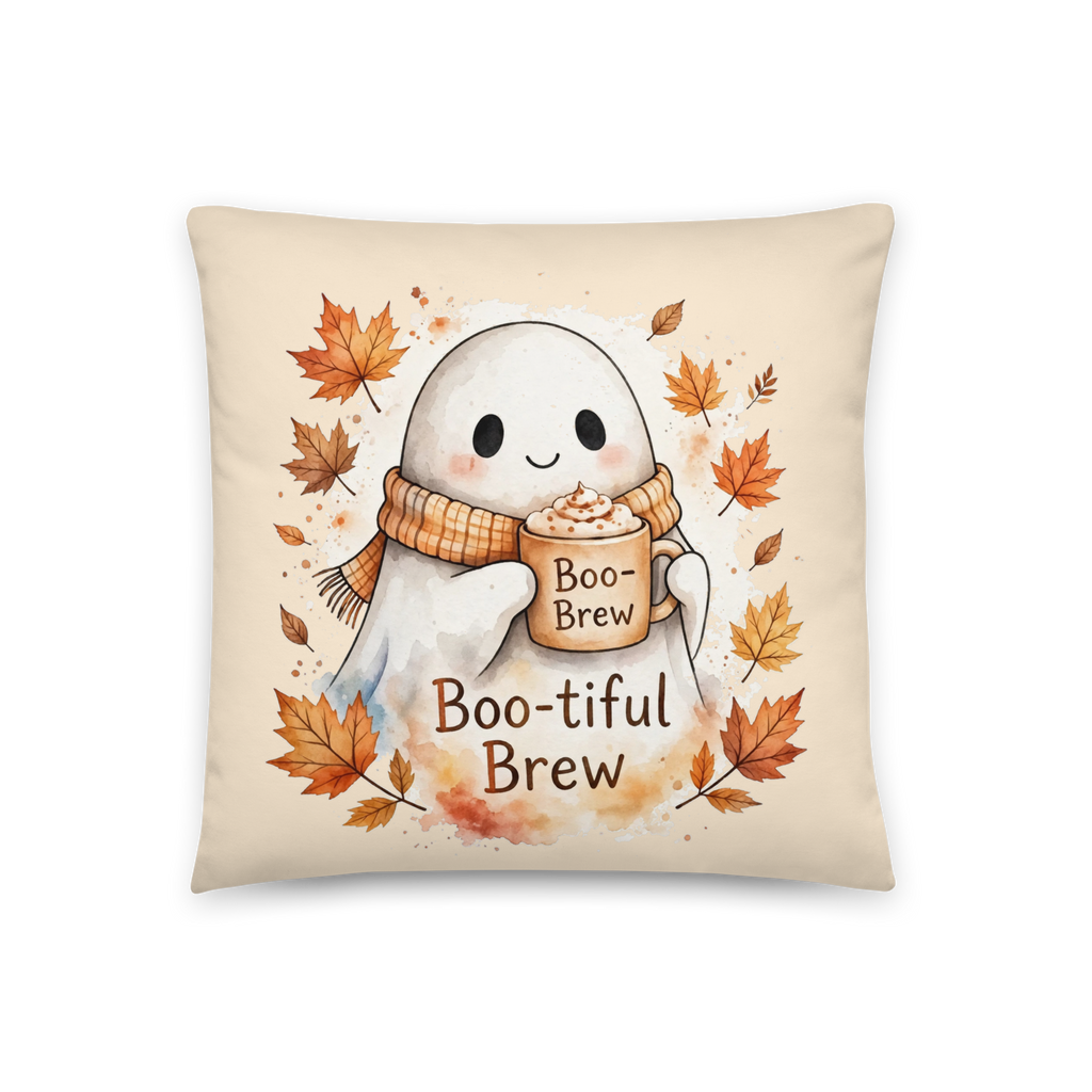 "Boo-Brew" Cottagecore Watercolor Ghost Pillow
