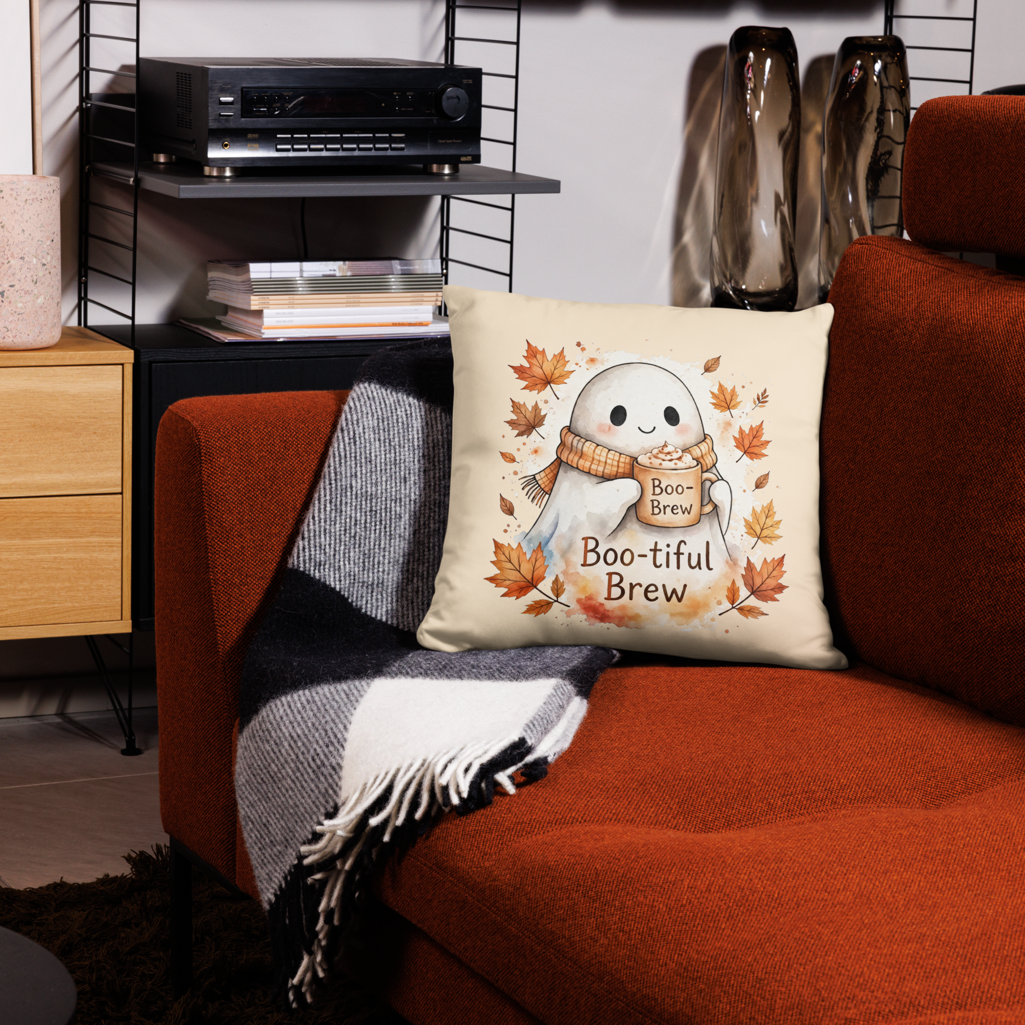 "Boo-Brew" Cottagecore Watercolor Ghost Pillow