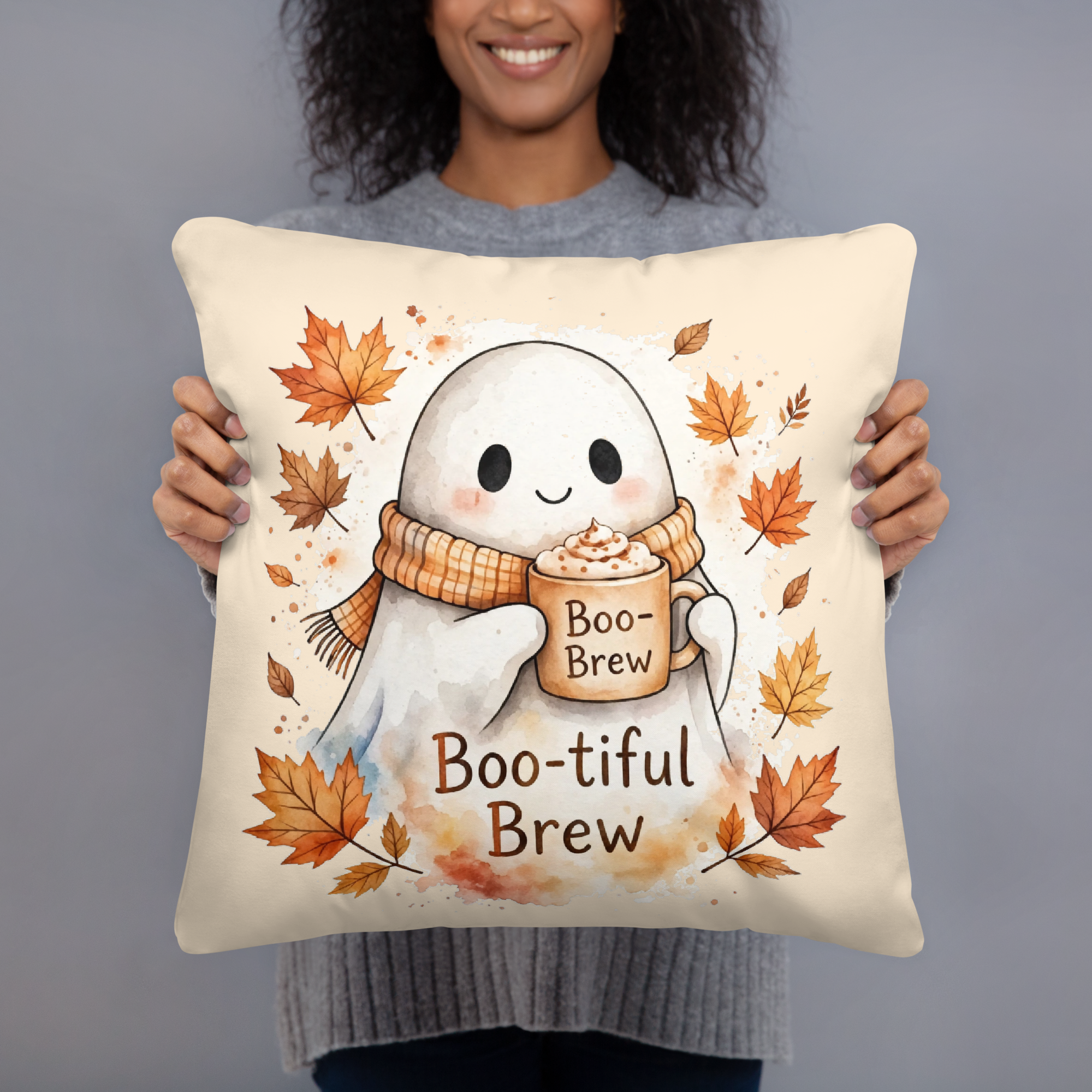 "Boo-Brew" Cottagecore Watercolor Ghost Pillow