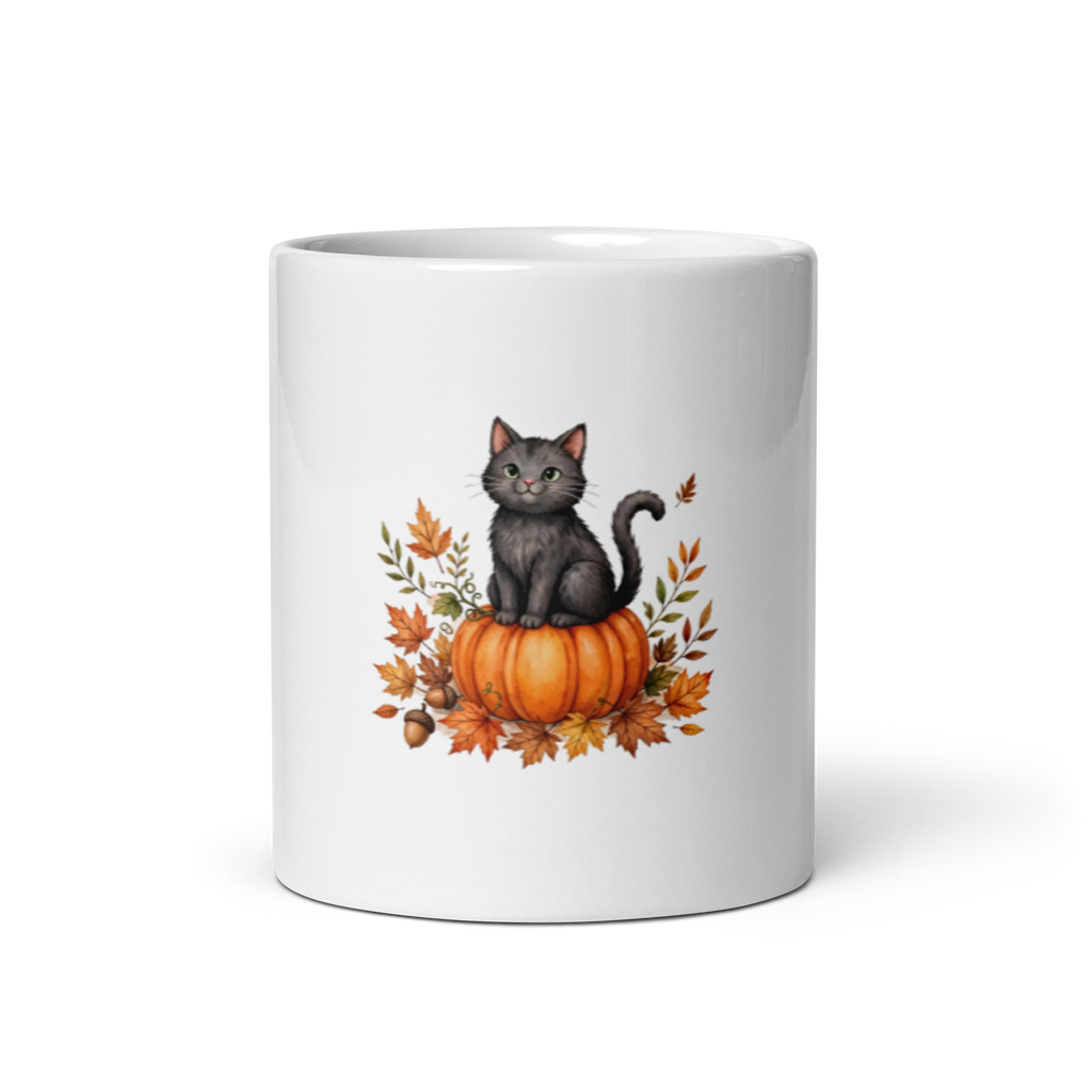Cozy Autumn Cat & Pumpkin Ceramic Mug (11oz)